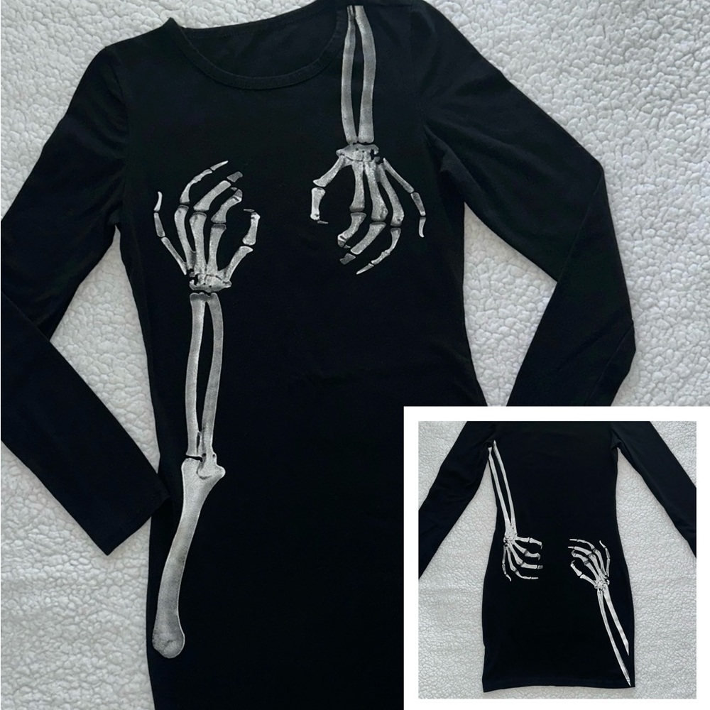 Halloween Skeleton dress black fitted long sleeve graphic front back spooky L